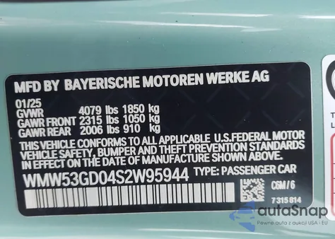 2025 Mini Hardtop Cooper S from USA, damaged, VIN WMW53GD04S2W95944